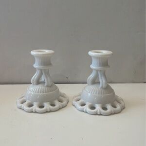 A Pair of Vintage Westmoreland Doric Lace Milk Glass Candlestick Holders